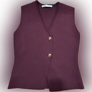 Zara Burgundy Knit Vest with Gold Buttons